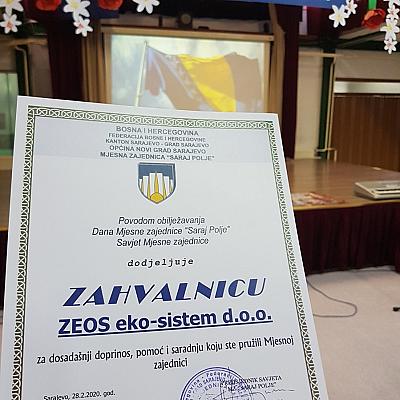 Zahvalnica za doprinos lokalnoj Mjesnoj zajednici „Saraj Polje“