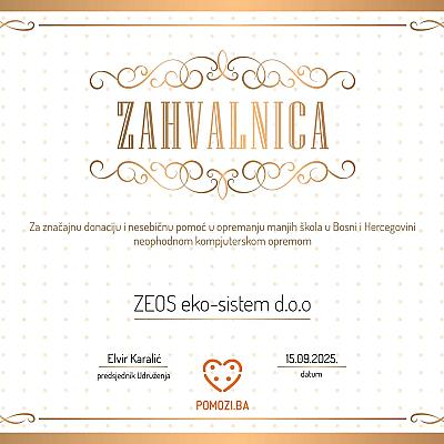 Pomozi.ba: Zahvalnica za doprinos razvoju zajednice - Donacijom popravljene opreme gradimo budućnost